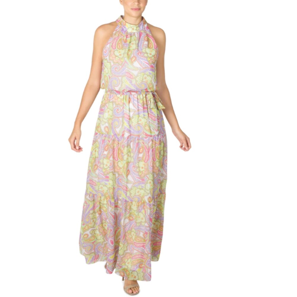Julia Jordan Paisley Chiffon Sleeveless Belted Crepe Tiered Maxi Dress 10 NWT